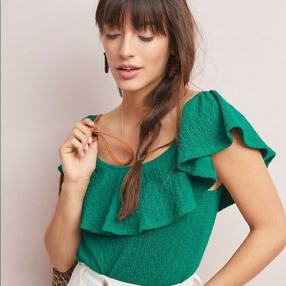 Anthropologie Off Shoulder Ruffle Green Top XS NEW
